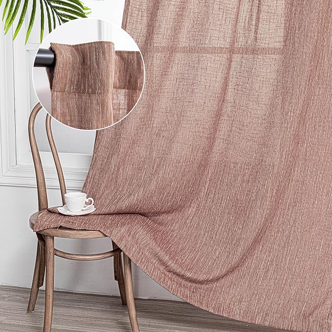MYSKY HOME Living Room Curtains for Windows, Linen Look Texture Semi Sheers Boho Drapes Extra Long Floor Length Curtain Panels Soft Cotton Fabric, 50 x 108 Inch, Brick Red, 2 PCs
