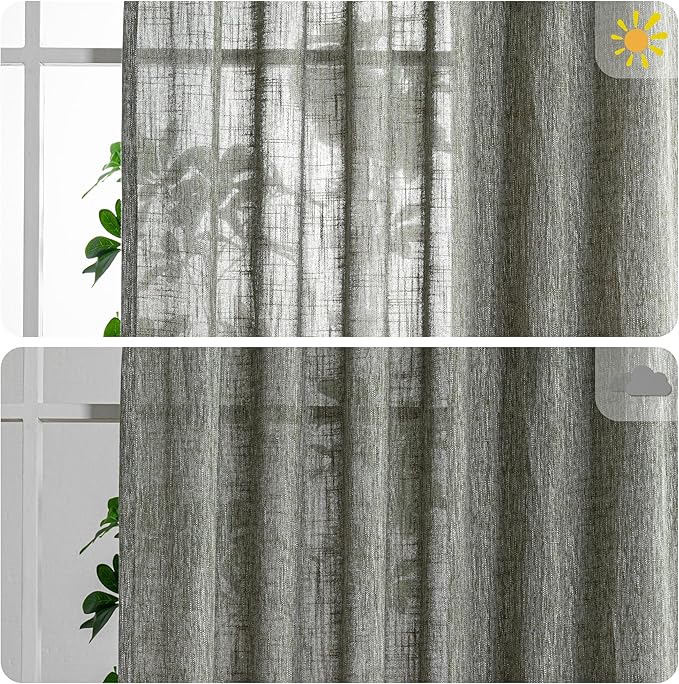 MYSKY HOME Living Room Curtains 84 Inches Long Semi Sheer Light Filtering Privacy Drapes Linen Look Textured Boho Home Decor, Backdrop Curtain for Parties, 100" x 84", Olive Green, 1 Panel