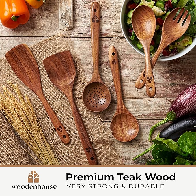Wooden Spoons for Cooking – Wooden Kitchen Utensils Set, 6 Pcs Teak Wood Utensil Set – Comfortable Grip Non–Stick Wooden Cooking Utensils