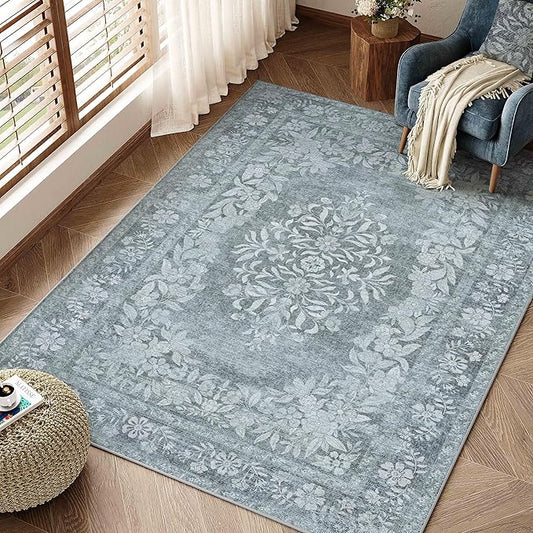 3x5 Area Rug Gray Washable Office Vintage Distressed Carpet Bedroom Indoor Medallion Floral Living Room Non Slip Retro Throw Floor Mat for Dining Room Kitchen Bathroom