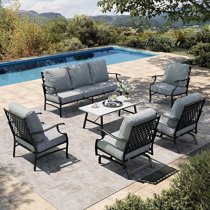 HERA'S HOUSE 6 Piece Patio Furniture Set, 2 x Rocking Chair, 2 x Fixed Chair, 1 x 3-Seat Sofa with Marbling Coffee Table, All Cushioned 7 Seats Outdoor Conversation Set for Lawn Garden Backyard, Grey