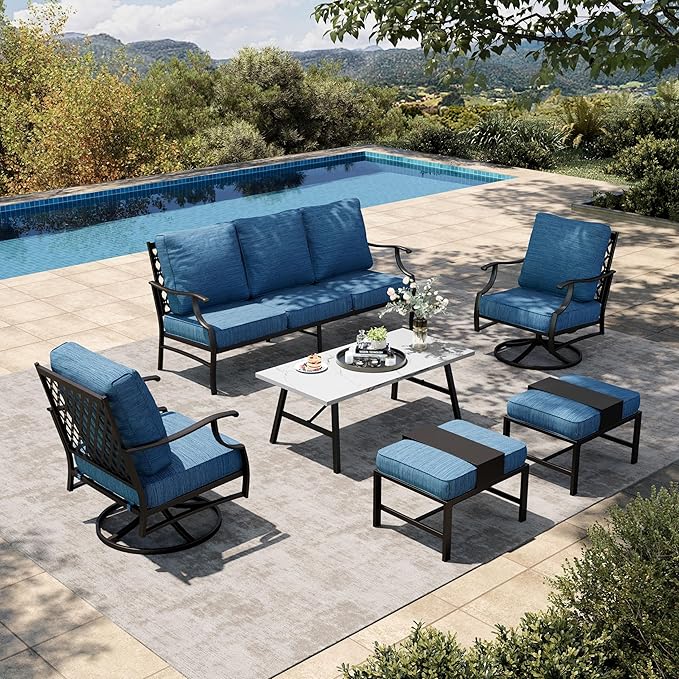 HERA'S HOUSE 6 Piece Patio Furniture Set, 2 x Swivel Cushioned Chair, 2 x Cushioned Ottoman, 1 x 3-Seat Sofa with Marbling Coffee Table, Outdoor Conversation Set for Lawn Garden Backyard, Pacific Blue