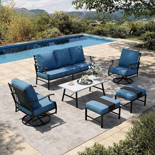 HERA'S HOUSE 6 Piece Patio Furniture Set, 2 x Swivel Cushioned Chair, 2 x Cushioned Ottoman, 1 x 3-Seat Sofa with Marbling Coffee Table, Outdoor Conversation Set for Lawn Garden Backyard, Pacific Blue