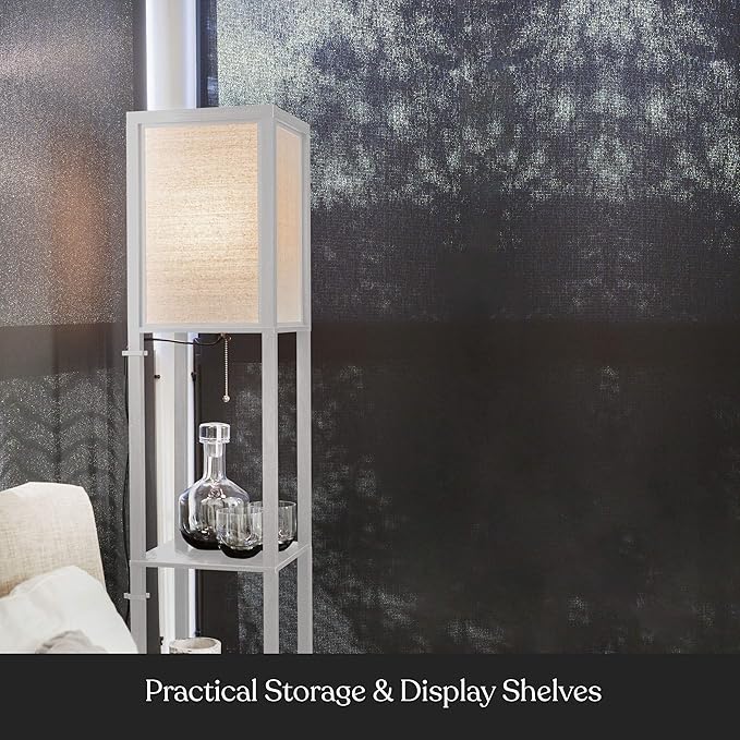 Brightech Maxwell - Modern Shelf Floor Lamp with Lamp Shade and LED Bulb - Corner Display Floor Lamps with Shelves for Living Room, Bedroom and Office - White