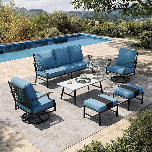 HERA'S HOUSE 6 Piece Patio Furniture Set, 2 x Swivel Cushioned Chair, 2 x Cushioned Ottoman, 1 x 3-Seat Sofa with Marbling Coffee Table, Outdoor Conversation Set for Lawn Garden Backyard, Navy Blue