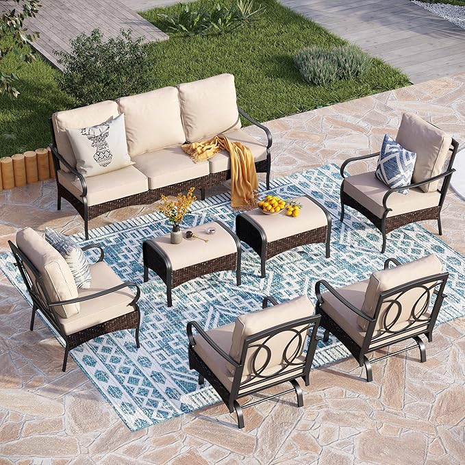 PHI VILLA Extra Large Outdoor Modern Patio Furniture Set, Upgraded Wicker&Metal Patio Furniture Conversation Set with Waterproof Thick Cushions for Porch, Poolside, Deck, and Yard