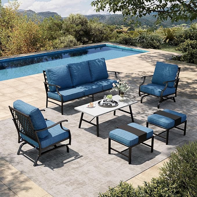 HERA'S HOUSE 6 Piece Patio Furniture Set, 2 x Rocking Cushioned Chair, 2 x Cushioned Ottoman, 1 x 3-Seat Sofa with Marbling Coffee Table, Outdoor Conversation Set for Lawn Backyard, Pacific Blue