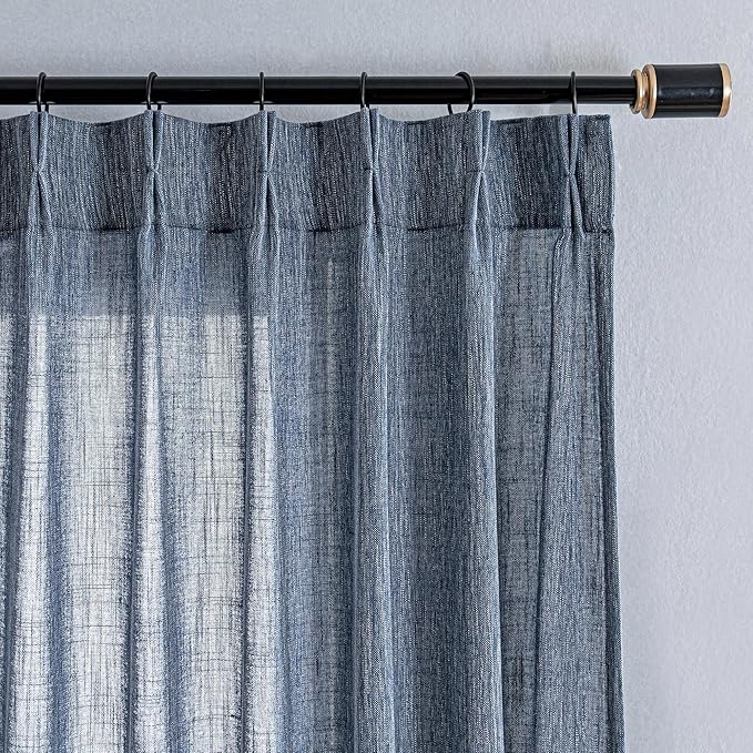MYSKY HOME Dusty Blue Curtains 90 Inches Long for Sliding Door, Semi Sheer Soft Cotton Window Panels Set for Living Room Pinch Pleated Drapes Country Curtains Back Tab, 40W x 90L, Dusty Blue, Set of 2