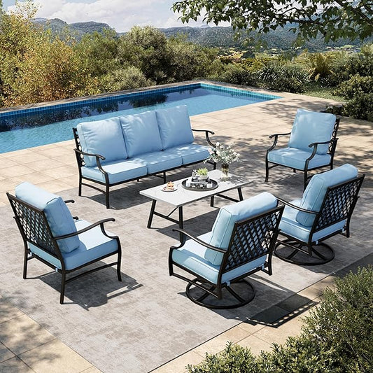 HERA'S HOUSE 6 Piece Patio Furniture Set, 2 x Swivel Chair, 2 x Fixed Chair, 1 x 3-Seat Sofa with Marbling Coffee Table, All Weather Outdoor Conversation Set for Lawn Garden Backyard, Blue