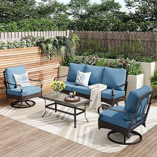 PHI VILLA Outdoor Patio Furniture Set, Upgraded Wicker&Metal Patio Conversation Set with Waterproof Thick Cushions for Porch, Poolside, Deck, and Yard (4 Pieces,Navy)