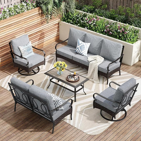 PHI VILLA Outdoor Modern Patio Furniture Set, Upgraded Wicker&Metal Patio Furniture Conversation Set with Waterproof Thick Cushions for Porch, Poolside, Deck, and Yard (5 Pieces,Grey)
