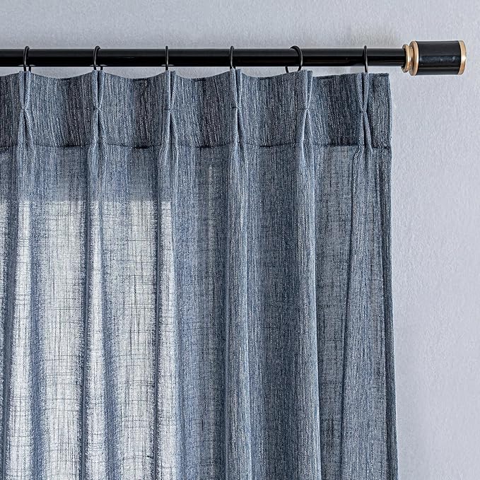 MYSKY HOME Blue Curtains 96 Inches Long for Sliding Door, Semi Sheer Soft Cotton Window Panels Set for Living Room Pinch Pleated Drapes Country Curtains Back Tab, 40W x 96L, Dusty Blue, Set of 2
