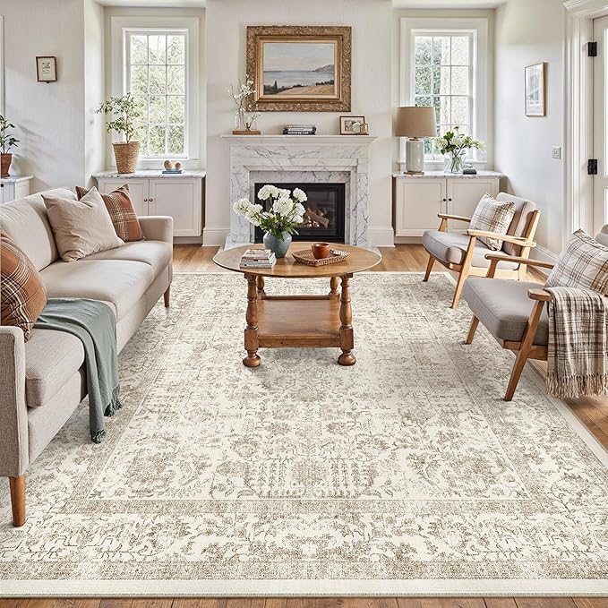 Light Brown Area Rug 8x10 Machine Washable Large Vintage Living Room Distressed Non Slip Carpet Traditional Indoor Bedroom Retro Floral Accent Throw Rug for Office Kitchen Dining Room