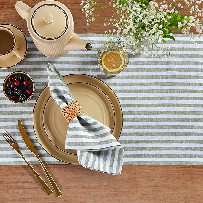 Solino Home Linen Cloth Napkins Set of 4-100% Pure Linen Green and White Striped Dinner Napkins 20 x 20 Inch for Fall, Autumn, Christmas - Amalfi Stripe, Handcrafted and Machine Washable