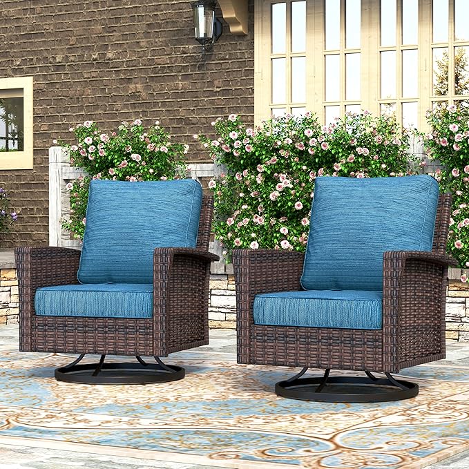 HERA'S HOUSE Outdoor Swivel Chairs Set of 2 with 5.5" Thick Cushions, High Back Patio Furniture, Oversized Wicker Rattan Chairs for Deck Balcony Backyard, Blue