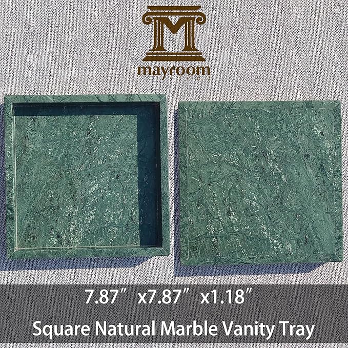 8x8 Natural Marble Vanity Tray: Polished Luxury Square Organizer for Bathroom Kitchen Dresser Makeup Jewelry Coffee Table Home Decor, Dark Green