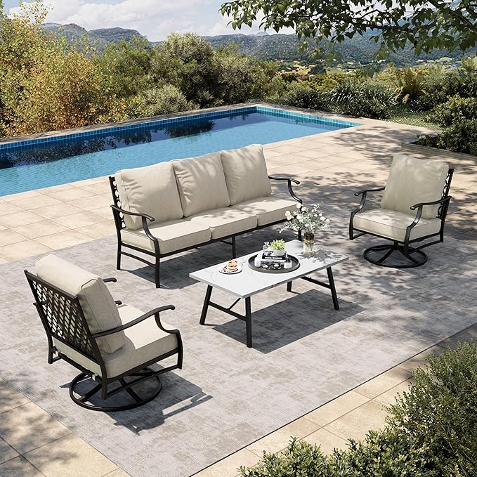 HERA'S HOUSE 4 Piece Patio Furniture Set, 2 x Swivel Cushioned Chair, 3-Seat Sofa with Marbling Coffee Table, All Weather Outdoor Conversation Set for Lawn Garden Backyard