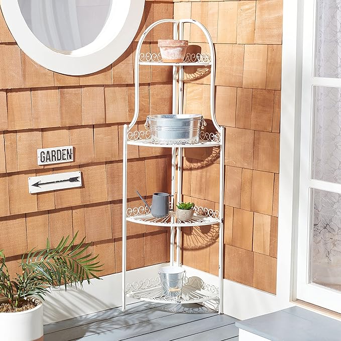 SAFAVIEH PAT5013B Outdoor Collection Abarrane Antique White Wrought Iron 4-Tier Corner Shelf