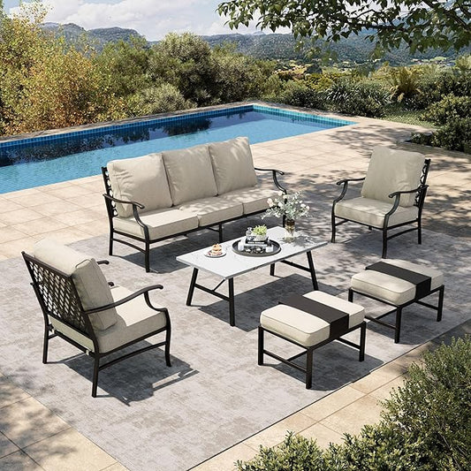 HERA'S HOUSE 6 Piece Patio Furniture Set, 2 x Metal Cushioned Chair, 2 x Cushioned Ottoman, 1 x 3-Seat Sofa with Marbling Coffee Table, Outdoor Conversation Set for Lawn Garden Backyard