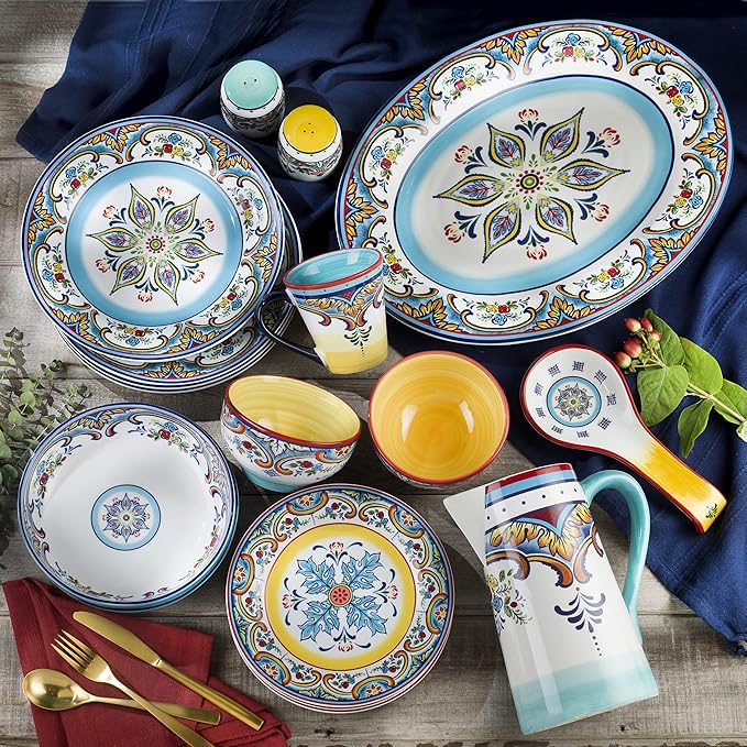 Euro Ceramica Zanzibar Collection Vibrant 10.9" Ceramic Dinner Plates, Set of 4, Spanish Floral Design, Multicolor