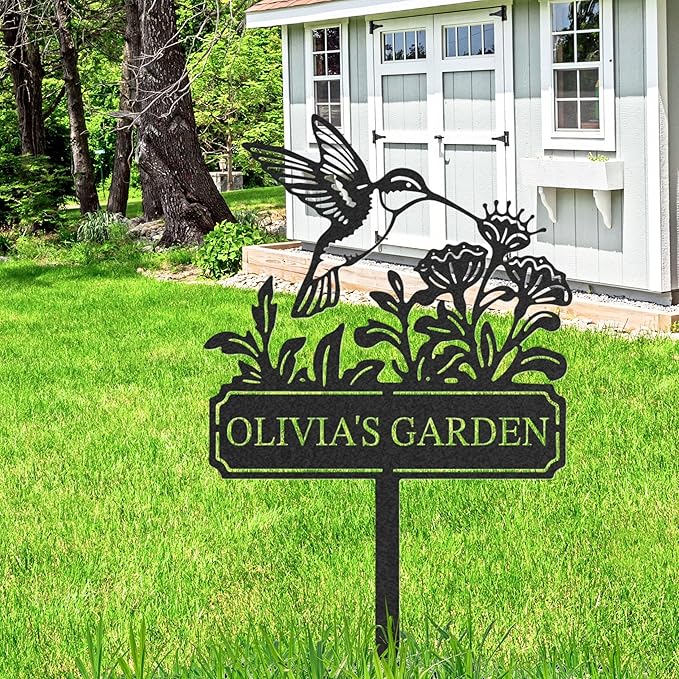 Personalized Garden Metal Sign, Custom Garden Stake, Hummingbird Yard Stake, Customized Name Sign for Outdoor, Outdoor Gardening Decor Gifts for Gardeners
