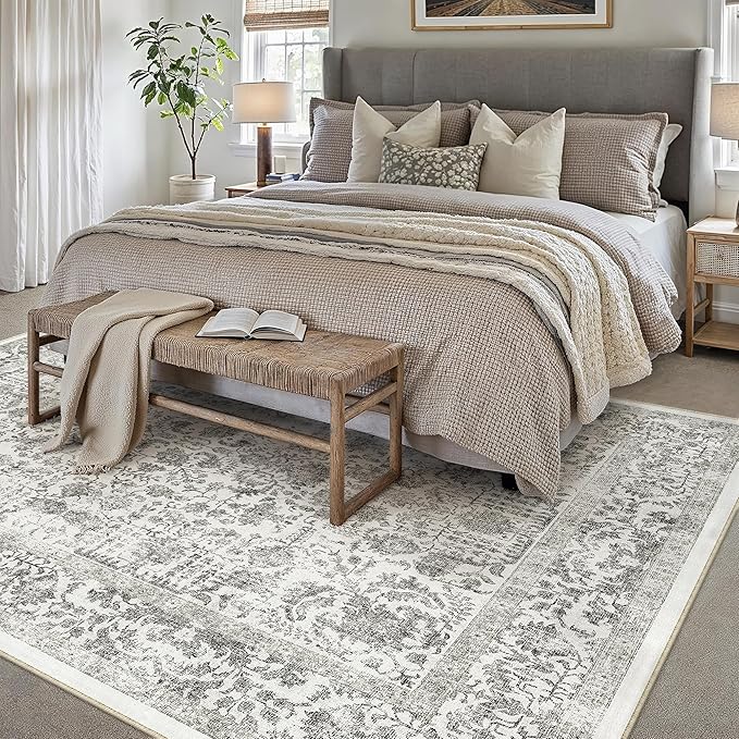 Black Area Rug 10x14 Machine Washable Large Vintage Living Room Distressed Non Slip Carpet Traditional Indoor Bedroom Grey Retro Floral Accent Throw Rug for Office Kitchen Dining Room