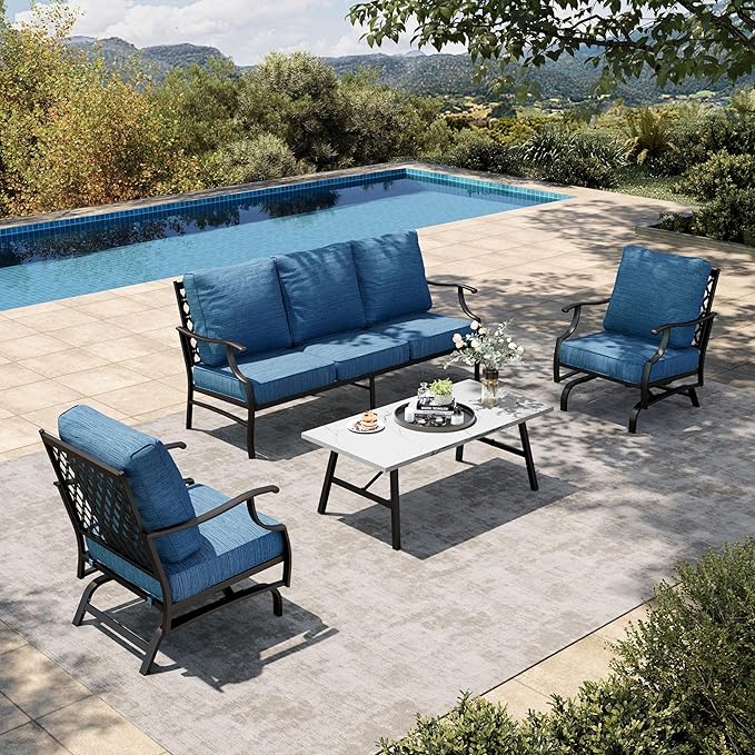 HERA'S HOUSE 4 Piece Patio Furniture Set, 2 x Rocking Metal Frame Cushioned Chair, 3-Seat Sofa with Marbling Coffee Table, All Weather Outdoor Conversation Set for Lawn Garden Backyard, Pacific Blue