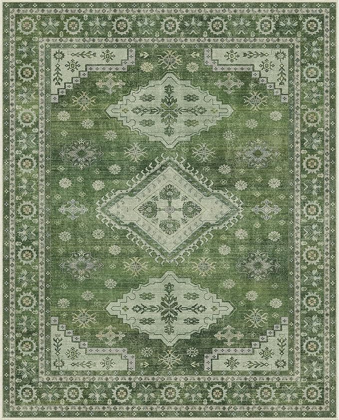 GENIMO Washable Rug 8X10 Area Rugs for Living Room Bedroom, Machine Washable Area Rug, Print Vintage Tribal Aesthetic Carpet, Low Pile Mat with Non Slip Rubber Backing, Distressed Green