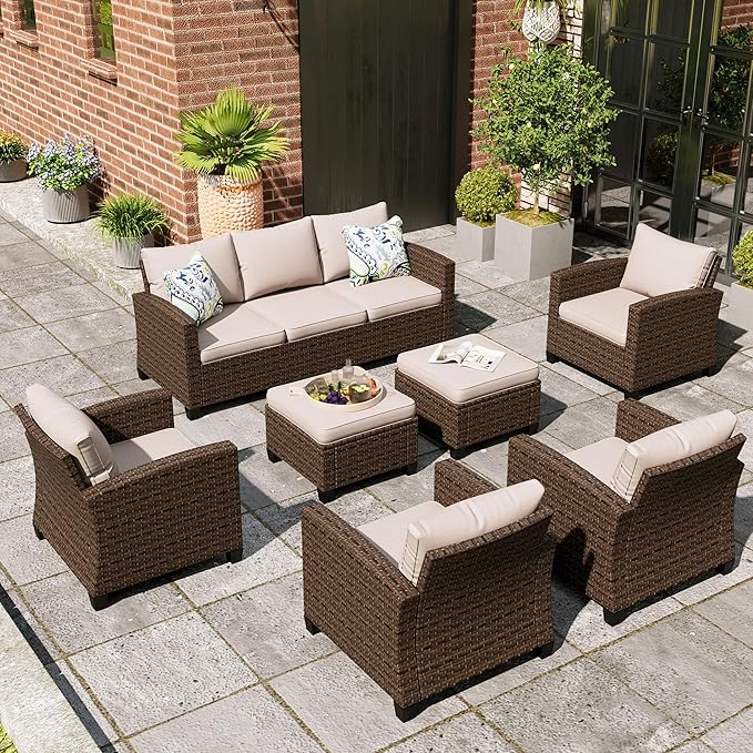 Patio Furniture Set, 7 Pcs Wicker Rattan Rattan Outdoor Conversation Set, 4 x Single Chairs, 1 x 3 Seater Sofa and 2 x Ottoman with 4" Thick Cushion for Garden Backyard Deck, Beige