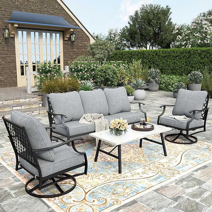 HERA'S HOUSE 4 Piece Patio Furniture Set, 2 x Swivel Cushioned Chair, 3-Seat Sofa with Marbling Coffee Table, All Weather Outdoor Conversation Set for Lawn Garden Backyard, Grey
