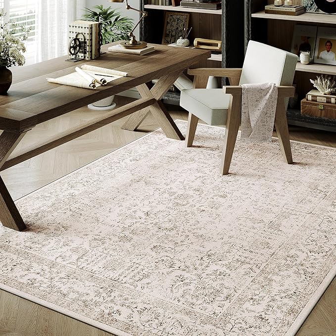 Light Brown Area Rug 4x5 Office Entryway Rug Machine Washable Kitchen Vintage Distressed Non Slip Carpet Indoor Retro Floral Accent Throw Door Mat for Bathroom Bedroom Dining Living Room