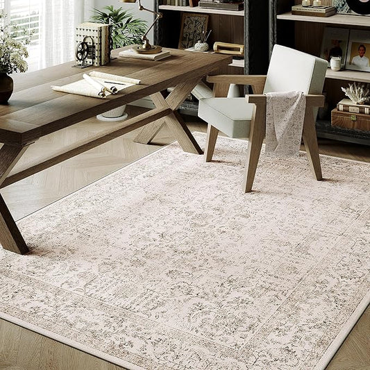 Light Brown Area Rug 4x5 Office Entryway Rug Machine Washable Kitchen Vintage Distressed Non Slip Carpet Indoor Retro Floral Accent Throw Door Mat for Bathroom Bedroom Dining Living Room