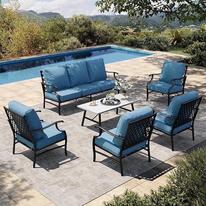 HERA'S HOUSE 6 Piece Patio Furniture Set, 4 x Fixed Metal Cushioned Chair, 1 x 3-Seat Sofa with Marbling Coffee Table, All Weather Outdoor Conversation Set for Lawn Garden Backyard, Navy Blue