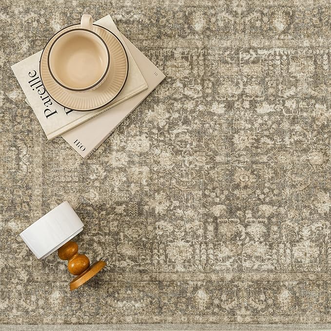 Brown Area Rug 8x10 Machine Washable Large Vintage Living Room Distressed Non Slip Carpet Traditional Indoor Bedroom Retro Floral Accent Throw Rug for Office Kitchen Dining Room