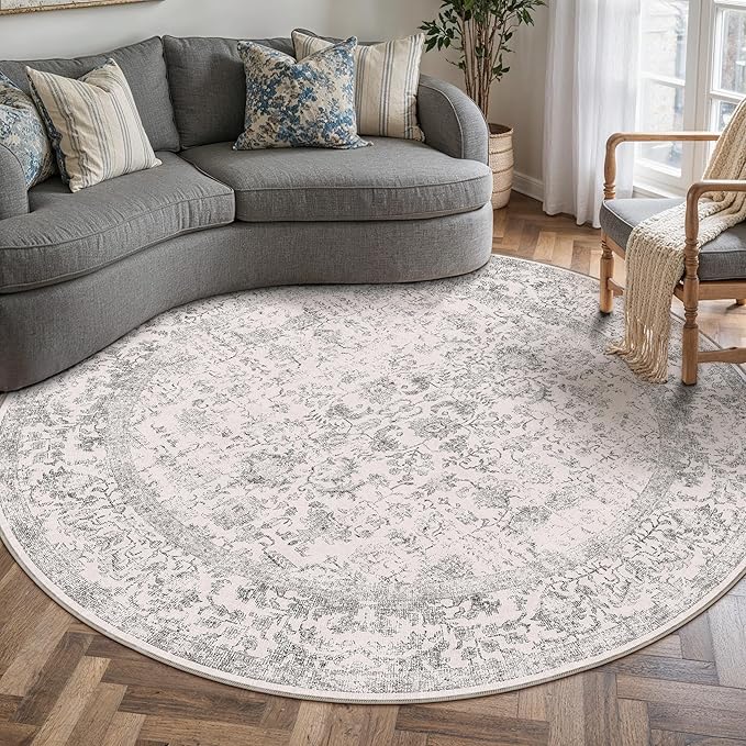 Grey Round Area Rug 4ft Entryway Door Mat Small Circle 4x4 Kitchen Vintage Carpet Non Slip Indoor Bedroom Washable Distressed Floral Retro Accent Throw Rug Office Bathroom