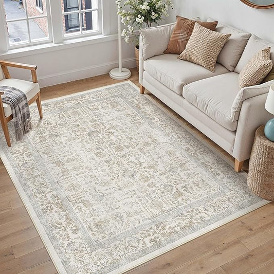 Taupe Area Rug 4x6 Office Entryway Rug Machine Washable Kitchen Vintage Distressed Non Slip Carpet Indoor Retro Floral Accent Throw Door Mat for Bathroom Bedroom Dining Living Room