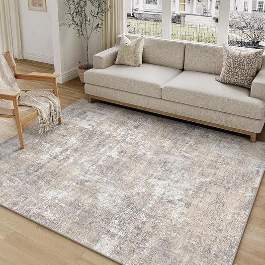 Machine Washable Area Rug 5x7 Beige Gray Large Living Room Indoor Accent Rug Neutral Modern Abstract Low Pile Carpet Non Slip Distressed Throw Rug Bedroom Office Dining Room Kitchen Laundry