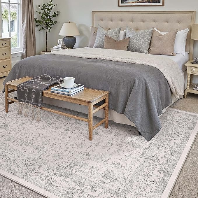 Gray Area Rug 10x14 Machine Washable Large Vintage Living Room Distressed Non Slip Carpet Traditional Indoor Bedroom Grey Retro Floral Accent Throw Rug for Office Kitchen Dining Room