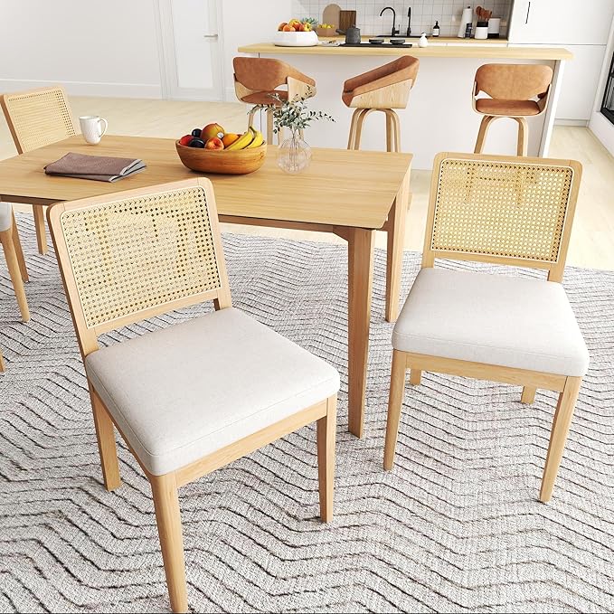LukeAlon Farmhouse Rattan Dining Chairs Set of 2, Mid Century Modern Chenille Kitchen & Dining Chairs with Solid Wood Legs, Woven Cane Upholstered Kitchen Chairs Side Chairs for Dining Room, White