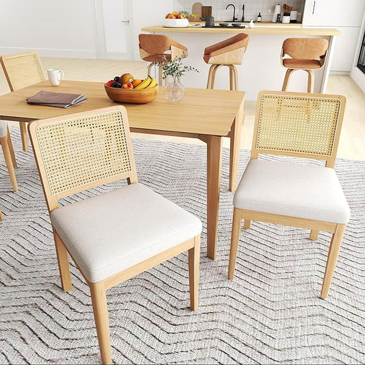 LukeAlon Farmhouse Rattan Dining Chairs Set of 2, Mid Century Modern Chenille Kitchen & Dining Chairs with Solid Wood Legs, Woven Cane Upholstered Kitchen Chairs Side Chairs for Dining Room, White