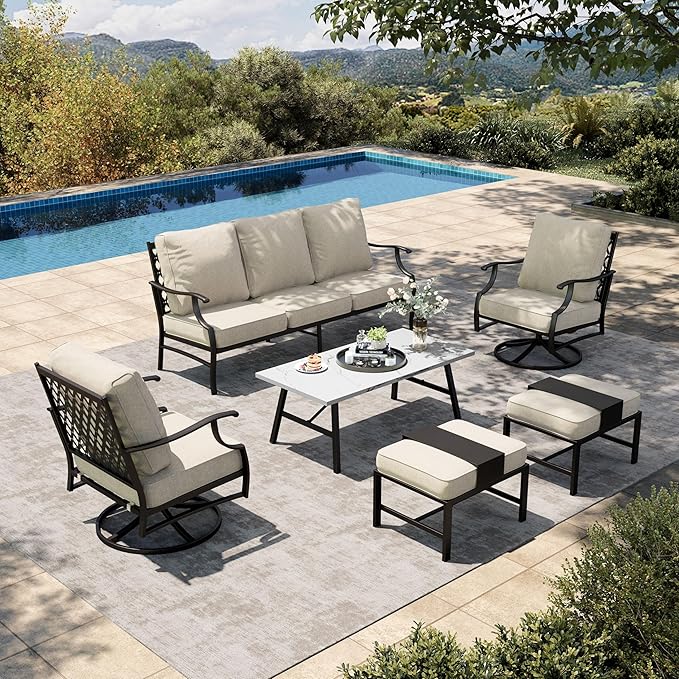 HERA'S HOUSE 6 Piece Patio Furniture Set, 2 x Swivel Cushioned Chair, 2 x Cushioned Ottoman, 1 x 3-Seat Sofa with Marbling Coffee Table, Outdoor Conversation Set for Lawn Garden Backyard