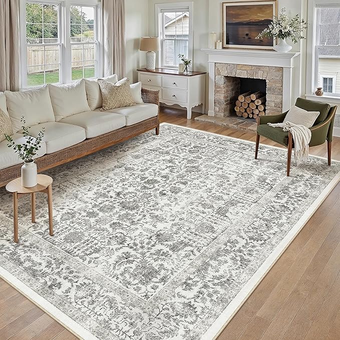 Black Area Rug 10x14 Machine Washable Large Vintage Living Room Distressed Non Slip Carpet Traditional Indoor Bedroom Grey Retro Floral Accent Throw Rug for Office Kitchen Dining Room