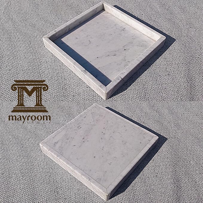 Luxury Square Marble Vanity Tray: Polished 8x8 Decorative Catch-All Tray for Bathroom Kitchen Dresser Makeup Home Organizer, White