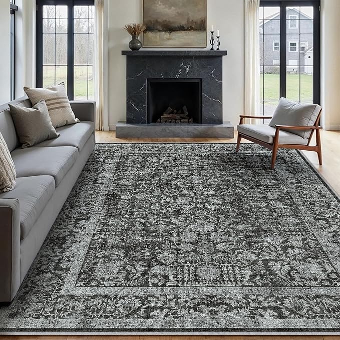 Dark Black Area Rug 8x10 Machine Washable Large Vintage Living Room Distressed Non Slip Carpet Traditional Indoor Bedroom Retro Floral Accent Throw Rug for Office Kitchen Dining Room