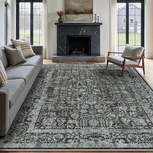 Dark Black Area Rug 9x12 Machine Washable Large Vintage Living Room Distressed Non Slip Carpet Traditional Indoor Bedroom Retro Floral Accent Throw Rug for Office Kitchen Dining Room