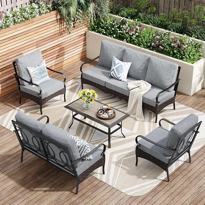 PHI VILLA Outdoor Modern Patio Furniture Set, Upgraded Wicker&Metal Patio Furniture Conversation Set with Waterproof Thick Cushions for Porch, Poolside, Deck, and Yard (5 Pieces,Grey)