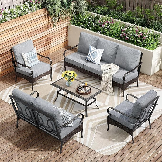 PHI VILLA Outdoor Modern Patio Furniture Set, Upgraded Wicker&Metal Patio Furniture Conversation Set with Waterproof Thick Cushions for Porch, Poolside, Deck, and Yard (5 Pieces,Grey)
