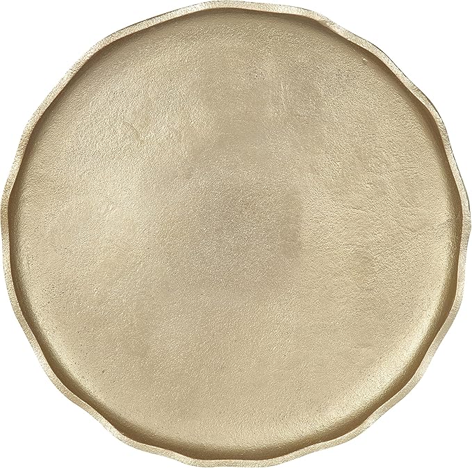 Kate and Laurel Alessia Modern Decorative Scalloped Round Footed Metal Tray; 16 Inch Diameter; Gold; Food-Safe Cast Aluminum Pedestal Transitional Tray with Rough Texture and Deckled Edge
