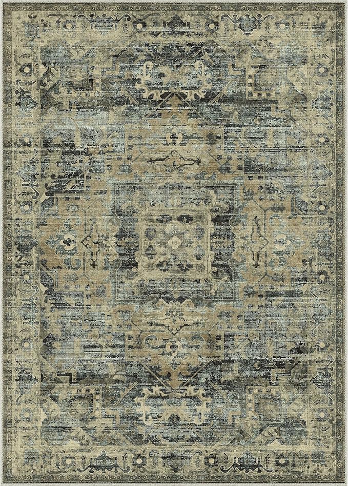 GENIMO Machine Washable 8x10 Area Rugs for Living Room, Non Slip Vintage Rugs, Low Pile Lightweight Chenille Print Rug for Bedroom, Dining Room, Home Office, Tawny Sage