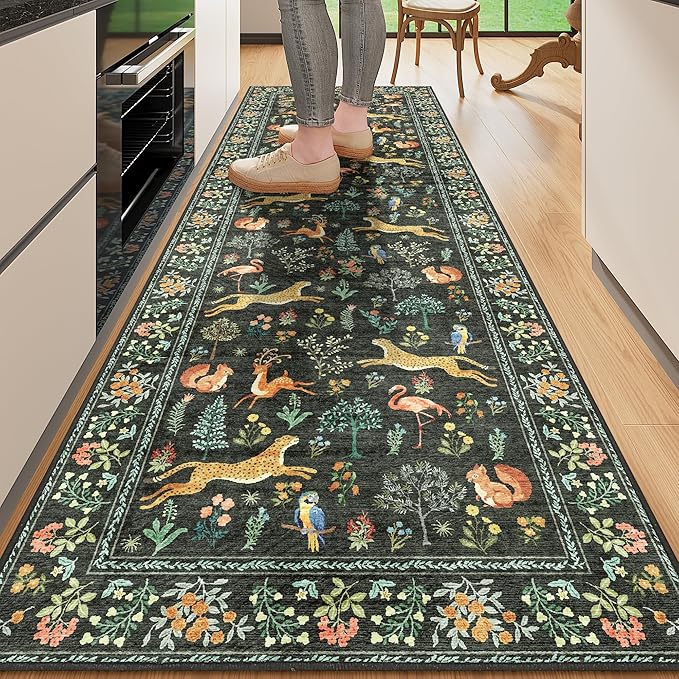 DUKINO 2x6 Rug for Hallway, Washable Kitchen Runner Rug with Non Slip Backing, Soft Low Pile Vintage Animal Runner for Bedroom, Kitchen, Hallway, Entryway, Laundry, Black